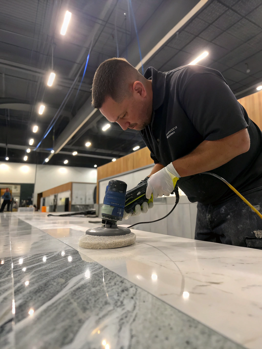 Technician performing detailed cleaning on a marble surface